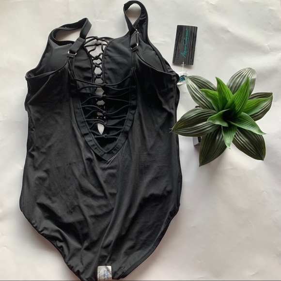 Aqua Green Black Strappy One Piece Swimsuit - Picture 3 of 9